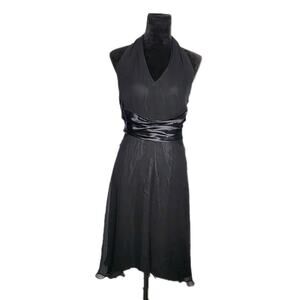 Vintage Y2K Donna Ricco Black Silk Halter Midi Dress Size 12P Ruffle Romantic